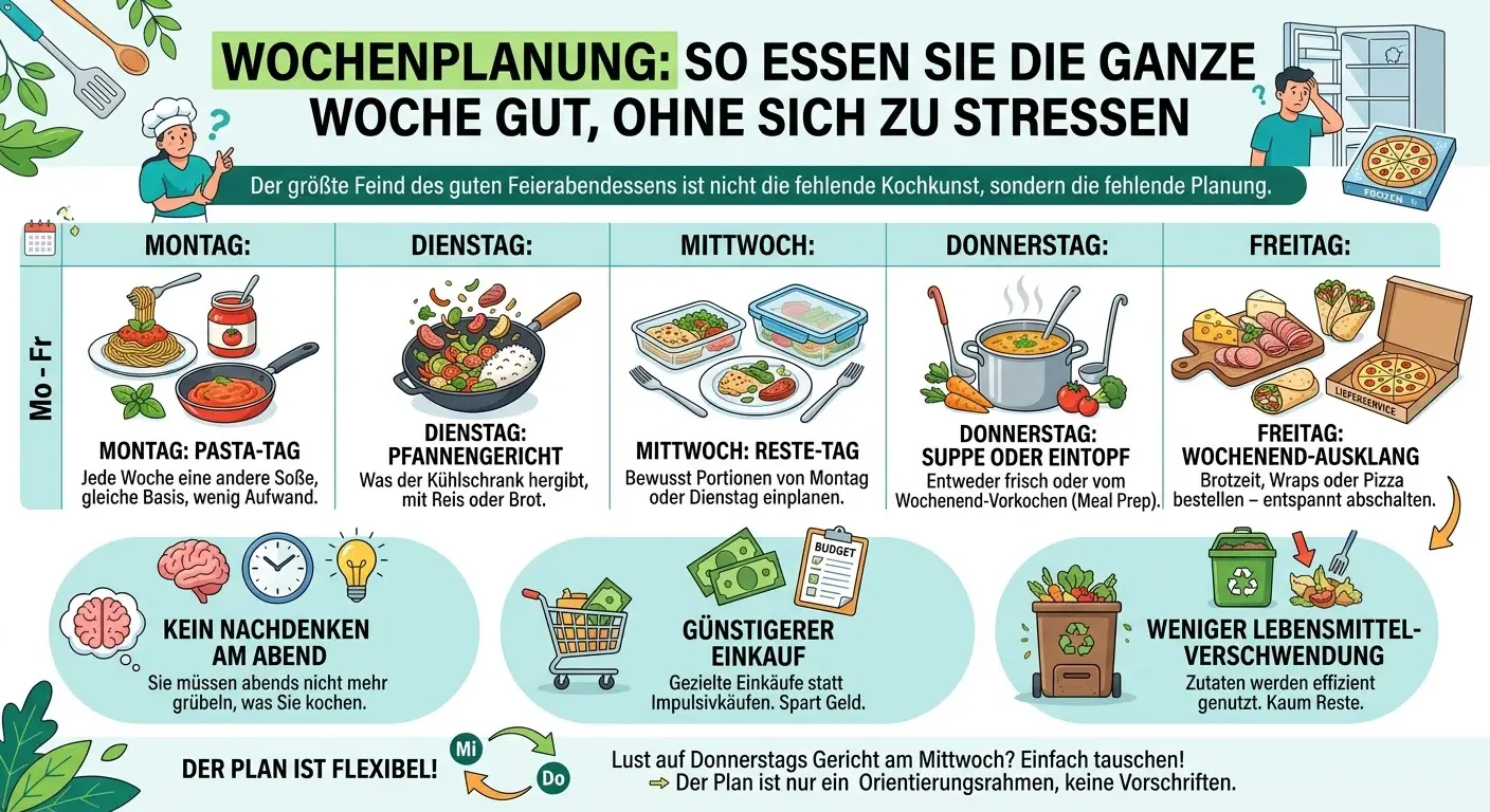 Infografik Feierabend-Wochenplan – Thementage von Montag bis Freitag mit passenden Gerichten, Zeitaufwand und Einkaufstipps auf einen Blick