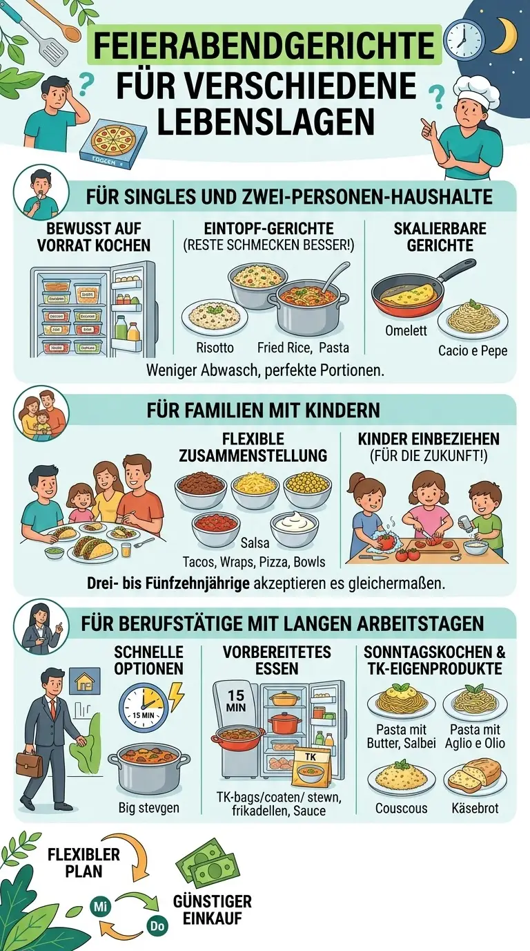 Infografik Feierabendgerichte nach Lebenslage – Kochtipps und Strategien für Singles, Familien und Berufstätige im Vergleich